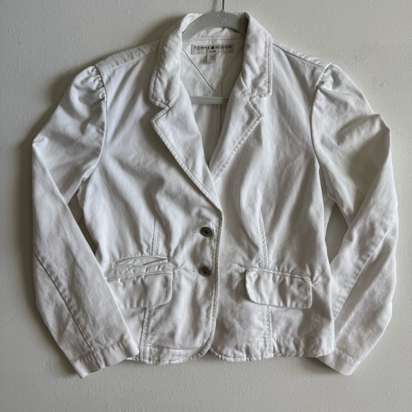 TOMMY HILFIGER petite white denim blazer jacket size LARGE vintage - Picture 1 of 7